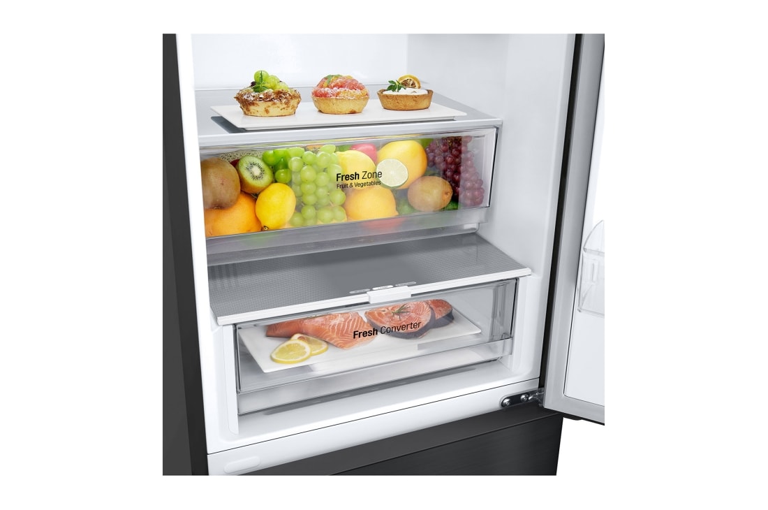 LG 387L Réfrigérateur combiné GBV22NCBEP Noir | Door Cooling | Smart Diagnosis| Fresh Converter , side bottom view with food, GBV22NCBEP, thumbnail 6