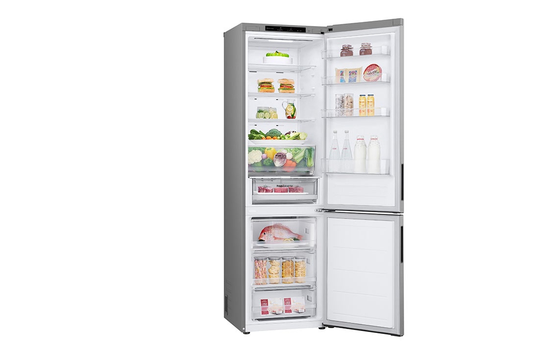 LG 387L Réfrigérateur et congélateur GBV22NCCPY Argent | DoorCooling+™ | FRESHConverter™ | Compresseur Smart Inverter ™ , Left side view all door open with food, GBV22NCCPY, thumbnail 11