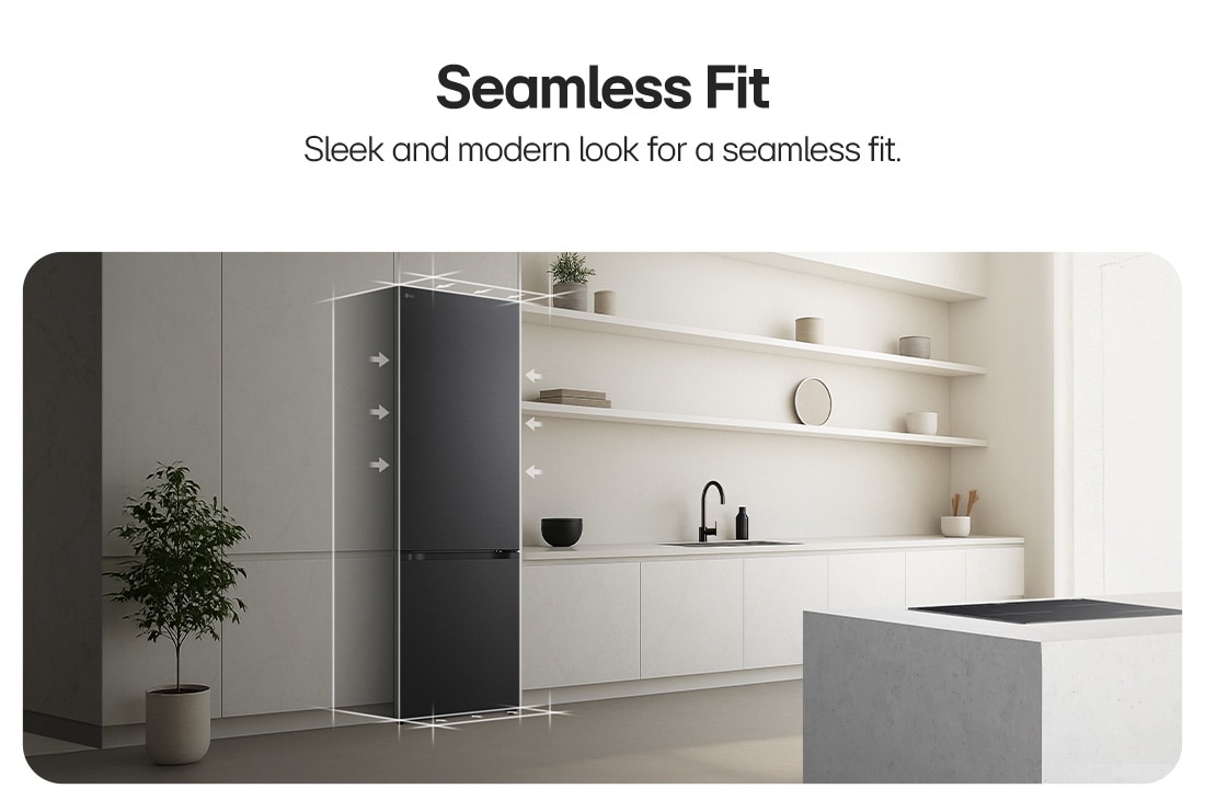 LG 465L Réfrigérateur combiné Noir | Nature FRESH™ | DoorCooling+™ | LinearCooling+™ | LG BE, LG bottom freezer (GBBW726AEV) installed flush in tall warm beige wall with white arrows pointing to top side and front surfaces, GBBS322CEV, thumbnail 6
