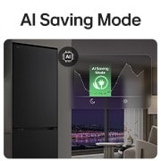 LG 465L Réfrigérateur combiné Noir | Nature FRESH™ | DoorCooling+™ | LinearCooling+™ | LG BE, LG bottom freezer (GBBW726AEV) in living space with night city view overlaid with AI Saving Mode graphic and fluctuating energy chart, GBBS322CEV, thumbnail 5