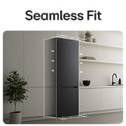 LG 465L Réfrigérateur combiné Noir | Nature FRESH™ | DoorCooling+™ | LinearCooling+™ | LG BE, LG bottom freezer (GBBW726AEV) installed flush in tall warm beige wall with white arrows pointing to top side and front surfaces, GBBS322CEV, thumbnail 6