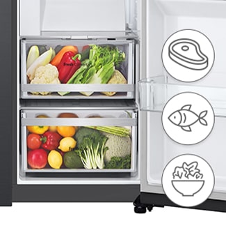 réfrigérateur lg 2&nbsp;portes ouvert avec trois icônes d’aliments à l’avant.