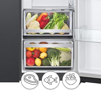 réfrigérateur lg 2&nbsp;portes ouvert avec trois icônes d’aliments à l’avant.