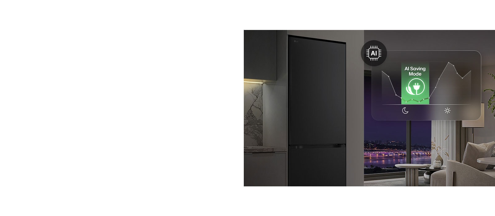 Congélateur LG à congélateur en bas (GBBS726CEV) dans un espace de vie avec vue nocturne sur la ville, superposée à un graphique du mode d'économie d'énergie IA et à un graphique représentant les fluctuations de la consommation d'énergie.