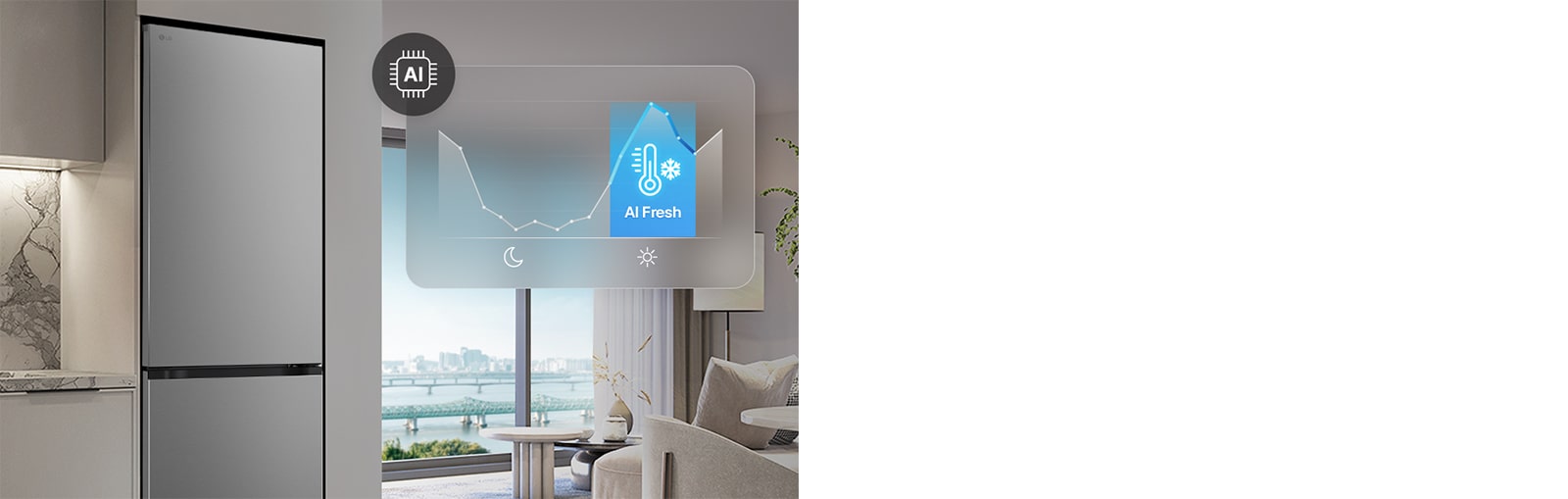 Frigiderul LG cu congelator inferior (GBBW726AEV), amplasat lângă mobilier gri deschis