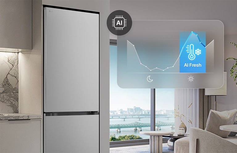 Frigiderul LG cu congelator inferior (GBBW726AEV), amplasat lângă mobilier gri deschis