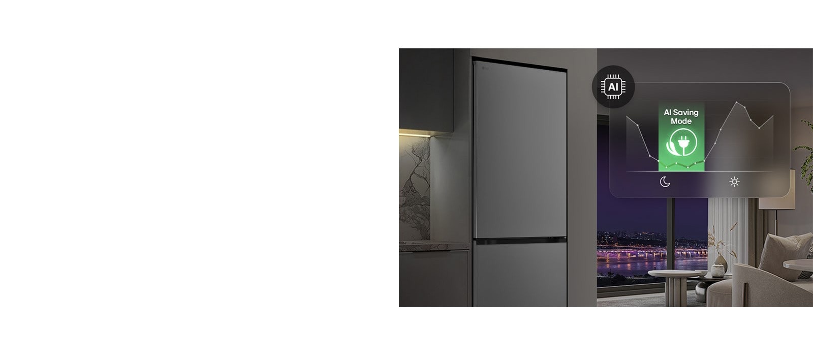 Congélateur LG à congélateur en bas (GBBS726CEV) dans un espace de vie avec vue nocturne sur la ville, superposée à un graphique du mode d'économie d'énergie IA et à un graphique représentant les fluctuations de la consommation d'énergie.