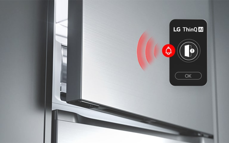 Le réfrigérateur congélateur LG (GBBS726CEV) : porte supérieure légèrement ouverte avec un graphique représentant une vague rouge et affichant simultanément l'icône de porte ouverte et l'icône d'alerte.	