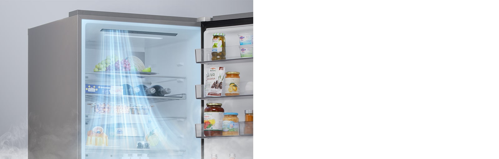 Le réfrigérateur-congélateur LG (GBBS726CEV) ouvert avec un flux d'air bleu clair provenant de la ventilation gauche vers les paniers de porte contenant des fruits, des bouteilles et des récipients.