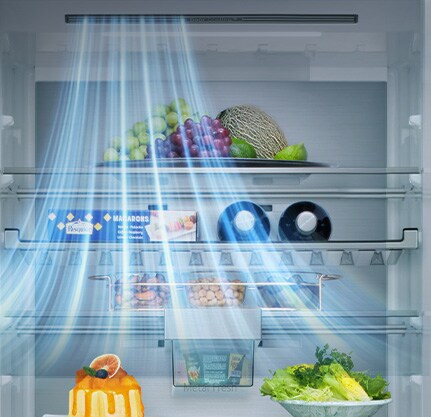 Vue intérieure du congélateur LG à congélateur en bas (GBBS726CEV) avec des étagères contenant des fruits, des légumes, des boissons et des collations, avec des lignes bleues représentant la circulation de l'air provenant du côté gauche.