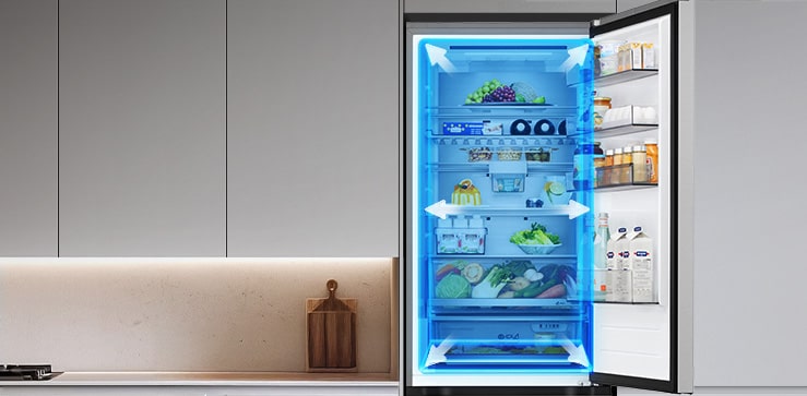 Le réfrigérateur LG avec congélateur en bas (GBBS726CEV) entièrement ouvert avec le compartiment réfrigérateur supérieur montrant les aliments dans les tiroirs ainsi que des superpositions bleues et des flèches soulignant l'intérieur spacieux.	