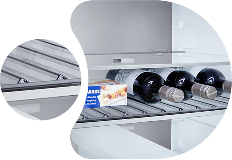 Réfrigérateur-congélateur LG (GBBS726CEV) gros plan sur la clayette porte-bouteille pouvant contenir quatre bouteilles et une boîte de macarons, avec agrandissement du design du casier dans une image circulaire.