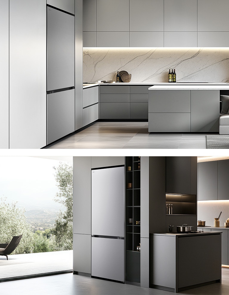 Le réfrigérateur congélateur LG (GBBS726CEV) à gauche dans des armoires gris clair avec un comptoir en marbre, à droite dans des armoires foncées, à côté des étagères et des ustensiles de cuisine	