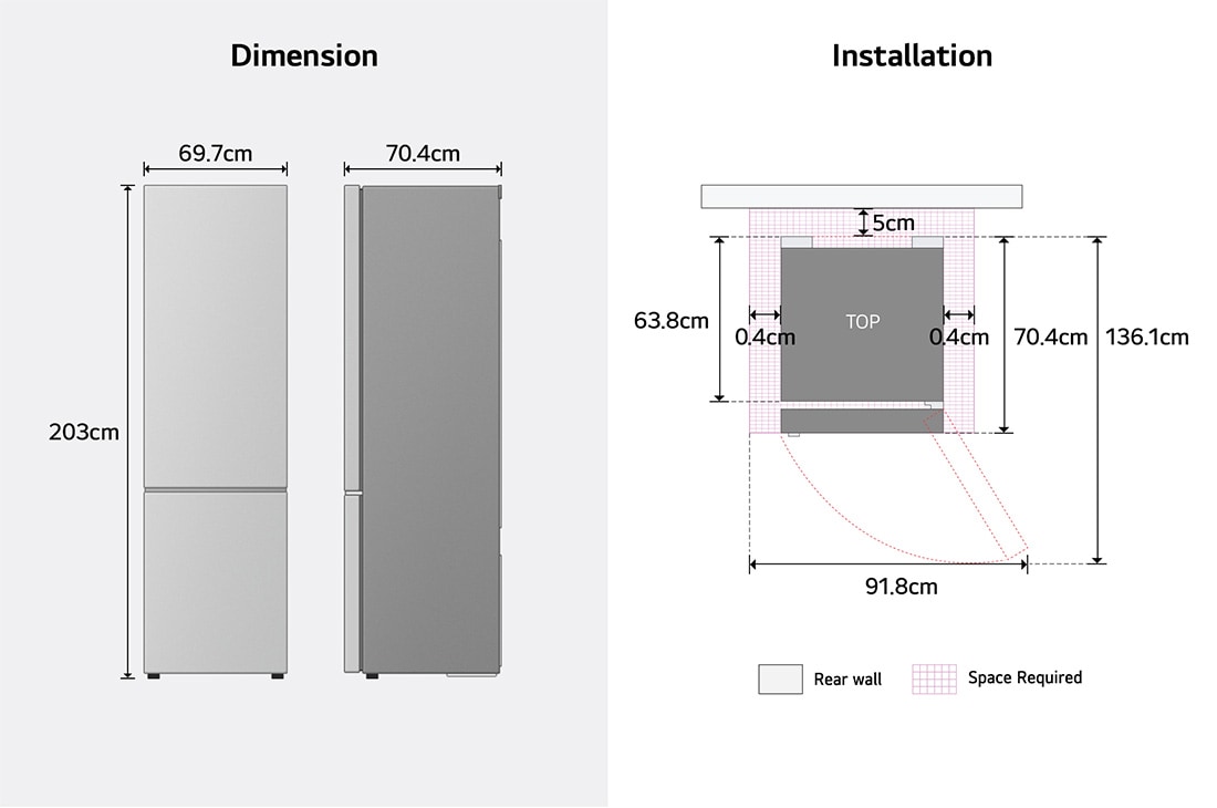 LG Réfrigérateur combiné  | Nature FRESH™ | DoorCooling+™ | LinearCooling+™ | LG BE, dimension, GBBS312CPY, thumbnail 15