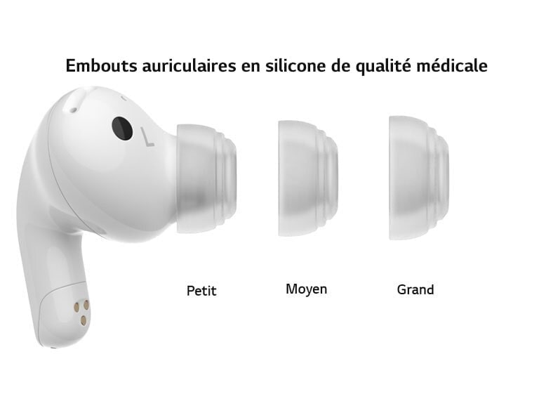 Vue latérale de l’écouteur présentant les trois tailles d’embouts.