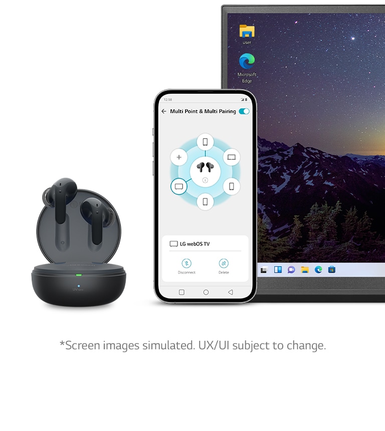 Les écouteurs flottent au-dessus d’un boîtier ouvert. Un smartphone affichant une vidéo sur son écran est placé à côté. On voit également un ordinateur portable qui montre la facilité du changement de connexion.