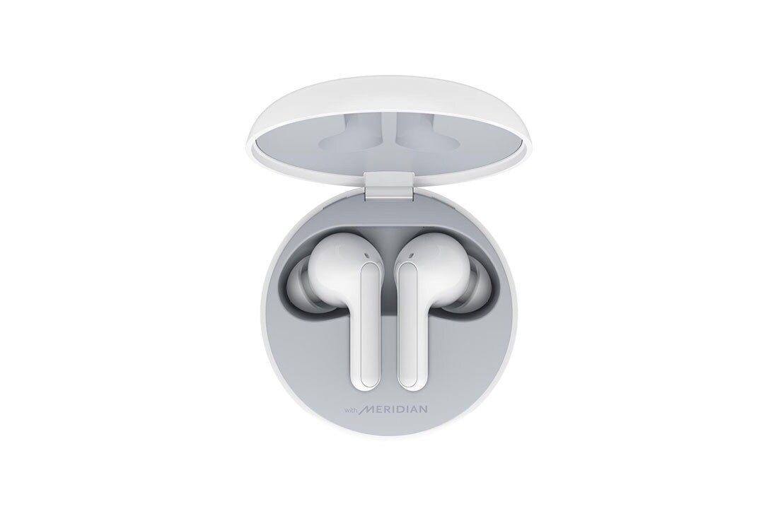 LG TONE Free FN4, Vue de dessus d’un socle ouvert contenant deux écouteurs avec éclairage à rayons UV activé, HBS-FN4 White