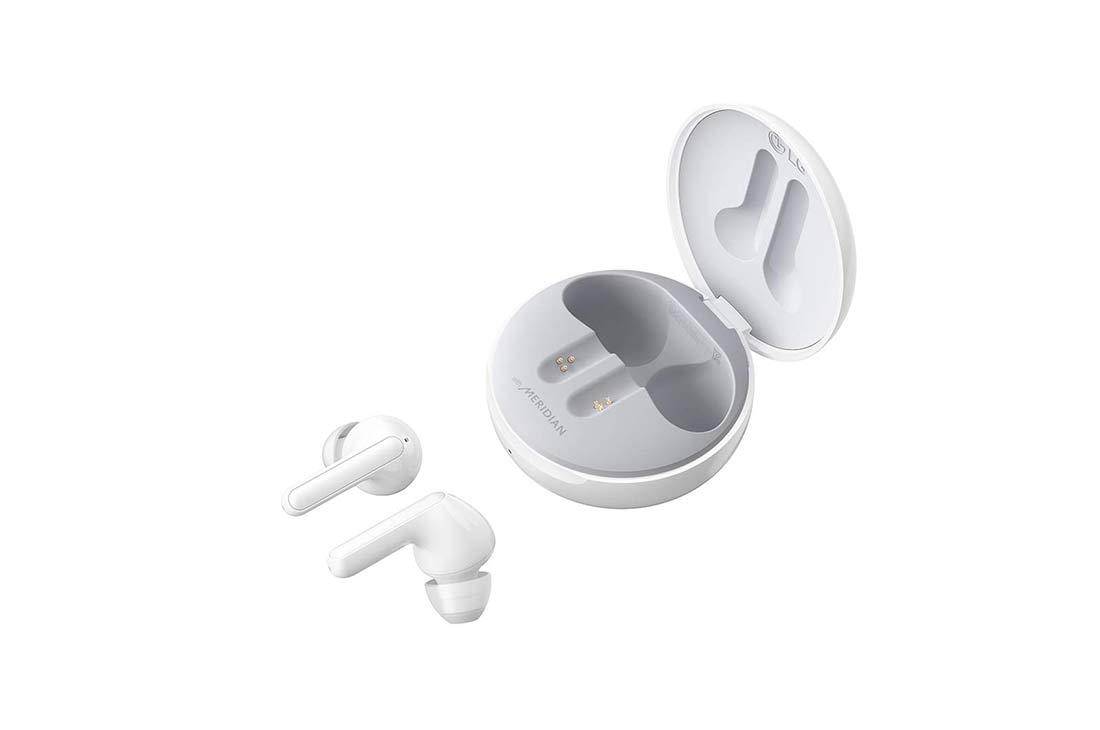 LG TONE Free FN4, Un socle ouvert contenant deux écouteurs fixés sur le plancher, HBS-FN4 White, thumbnail 5