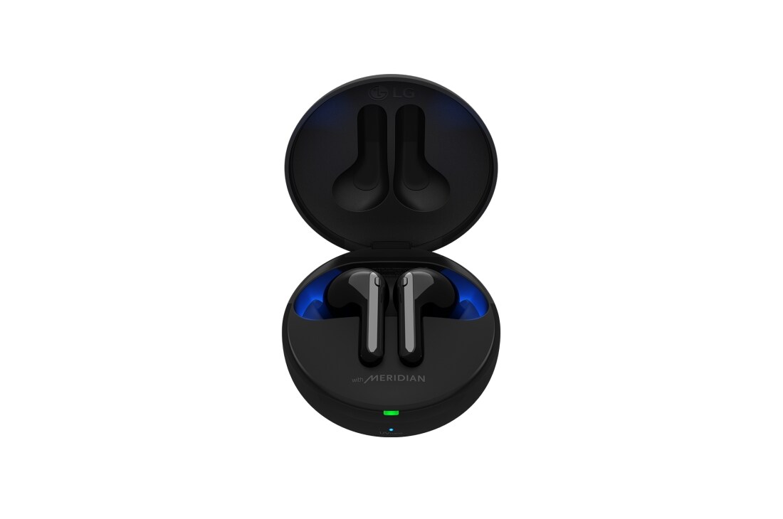 LG Tone Free FN7, Un angle de 15 degrés d’un socle ouvert avec l’éclairage d’ambiance allumée., HBS-FN7
