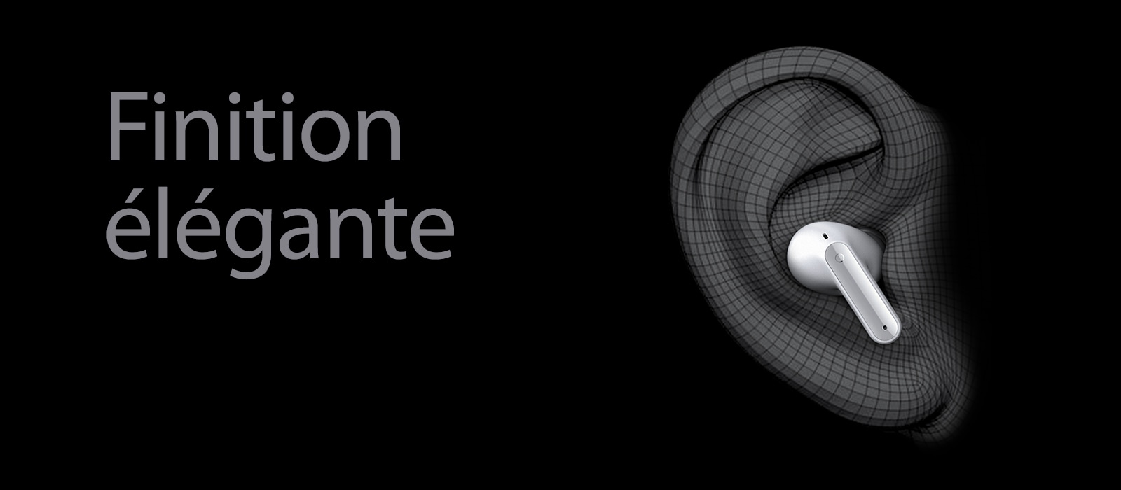 Une image de TONE Free porté sur la forme de l’oreille exprimée en 3D. Ci-dessous, il est écrit le mot «&nbsp;Sleek Fit&nbsp;».