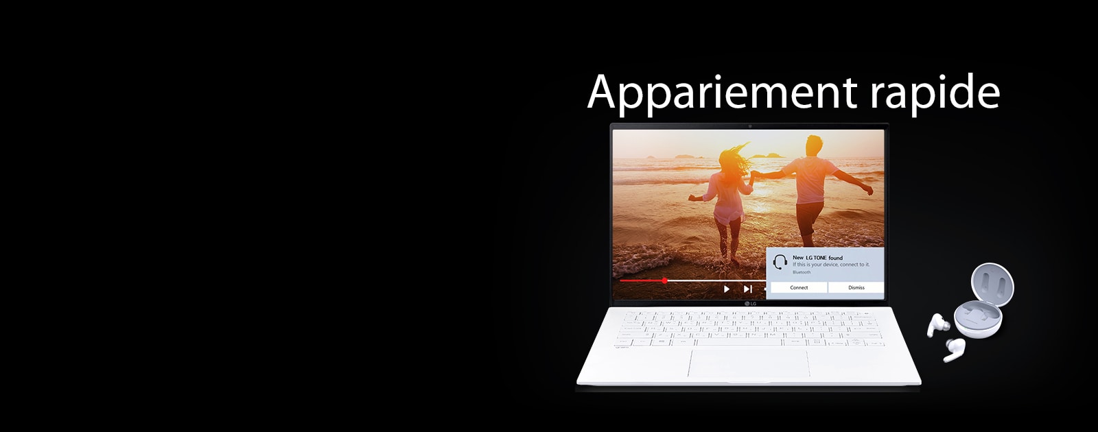 Une image d’un ordinateur portable et de TONE Free placée sous la phrase «&nbsp;Appariement rapide&nbsp;», et une alerte d’appariement activée sur l’écran ouvert de l’ordinateur portable.