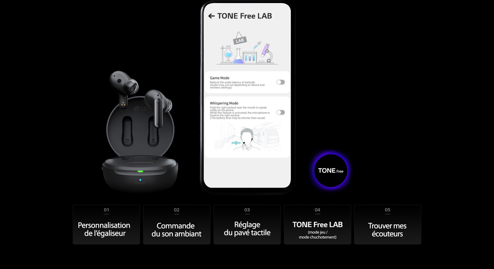 Une image de l’écran du TONE Free LAB sur le téléphone portable et du produit TONE Free placé à côté.