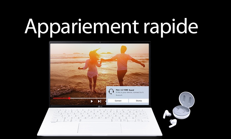 Une image d’un ordinateur portable et de TONE Free placée sous la phrase «&nbsp;Appariement rapide&nbsp;», et une alerte d’appariement activée sur l’écran ouvert de l’ordinateur portable.
