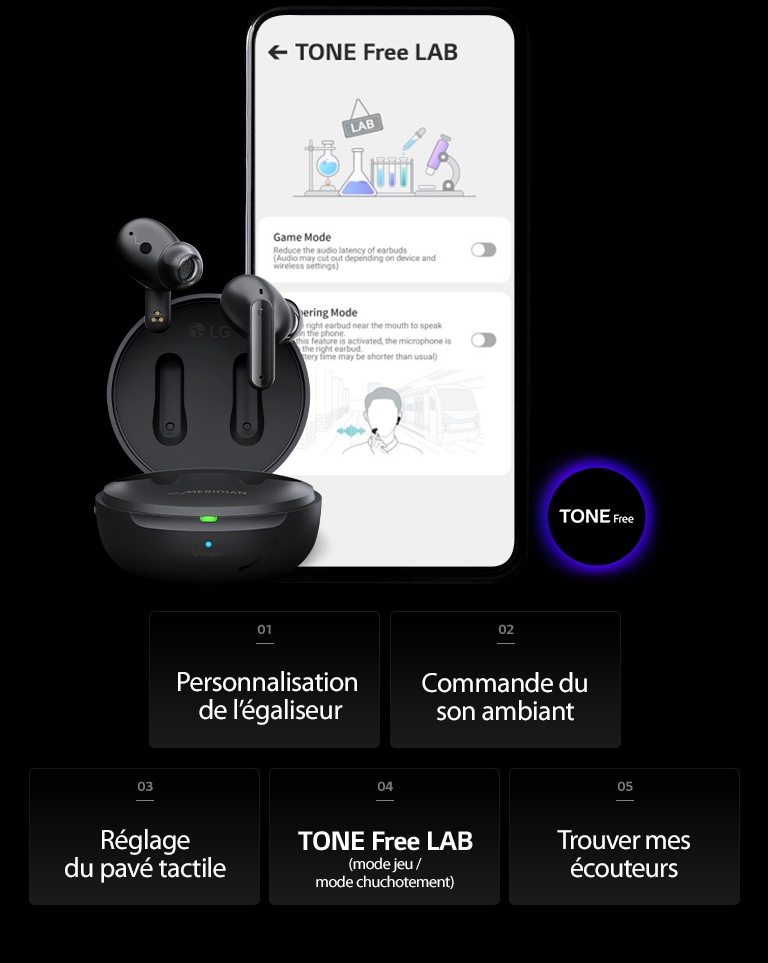Une image de l’écran du TONE Free LAB sur le téléphone portable et du produit TONE Free placé à côté.