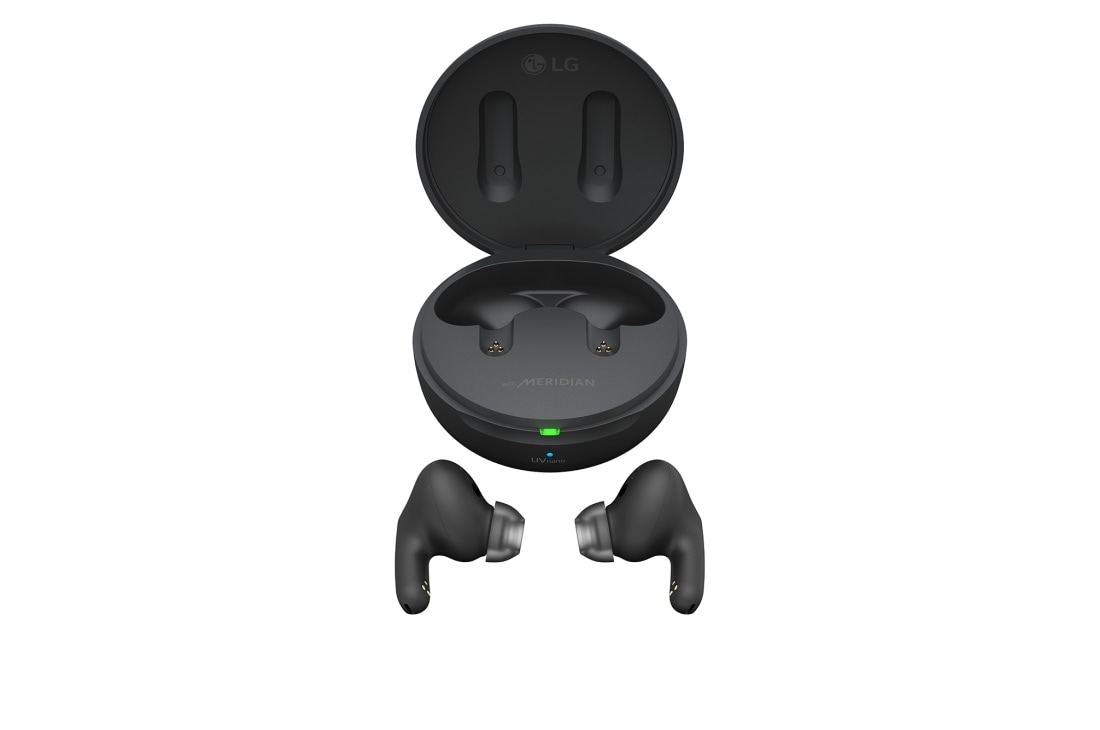 LG TONE Free DFP8 –Active Noise Cancellation amélioré, Écouteurs Bluetooth True Wireless, Une vue de dessus du socle s'affiche et les deux côtés des écouteurs sont placés devant lui., TONE-DFP8, thumbnail 15