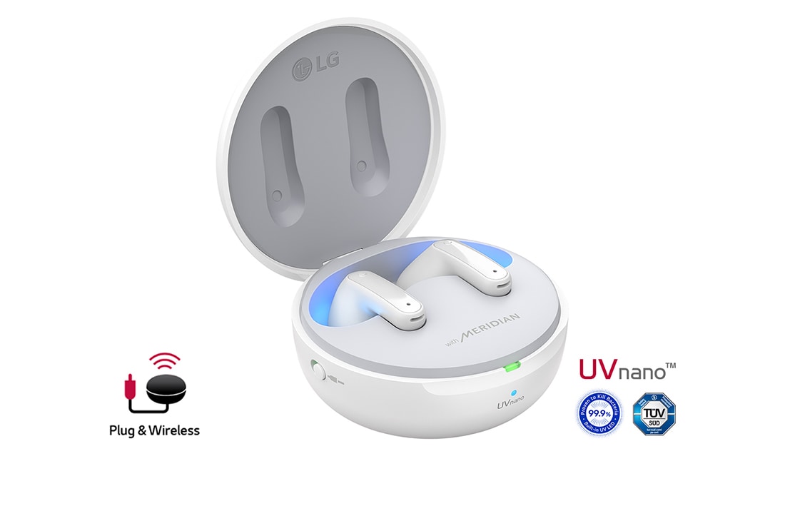 LG TONE Free DFP9W – Plug and Wireless, Écouteurs Bluetooth UVnano True Wireless, Un angle de 15 degrés de berceau ouvert avec un éclairage d’ambiance allumé et des logos UVnano et Plug&wireless, TONE-DFP9W