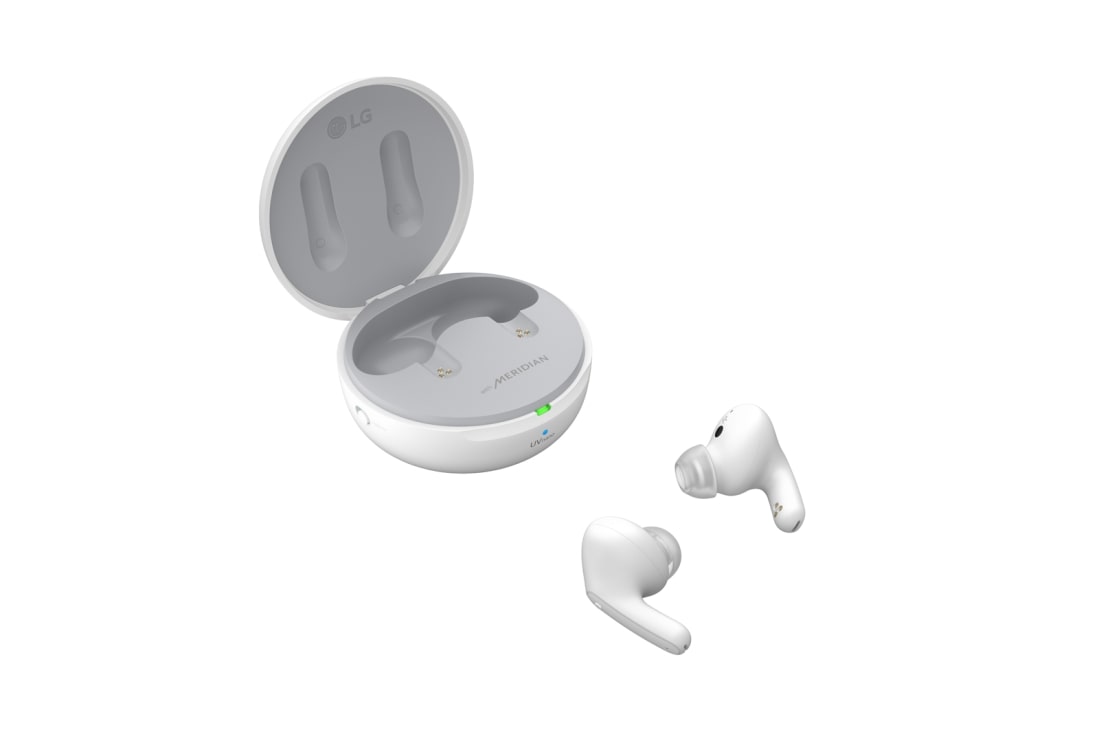 LG TONE Free DFP9W – Plug and Wireless, Écouteurs Bluetooth UVnano True Wireless, Le socle est ouvert dans un angle latéral de 15 degrés et les deux côtés des écouteurs sont placés devant lui., TONE-DFP9W, thumbnail 12