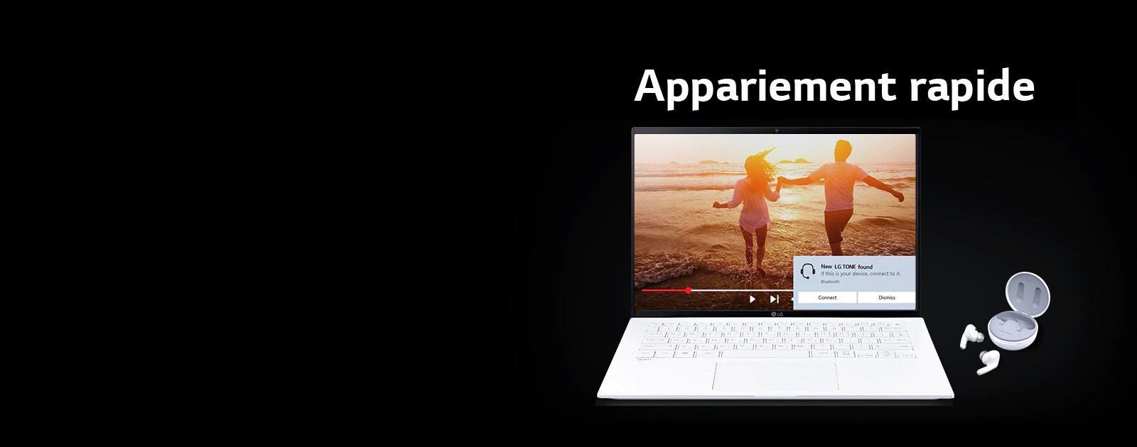 Une image d’un ordinateur portable et de TONE Free placée sous la phrase « Appariement rapide », et une alerte d’appariement activée sur l’écran ouvert de l’ordinateur portable.