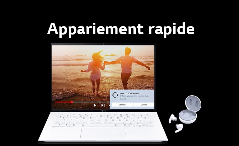 Une image d’un ordinateur portable et de TONE Free placée sous la phrase « Appariement rapide », et une alerte d’appariement activée sur l’écran ouvert de l’ordinateur portable.