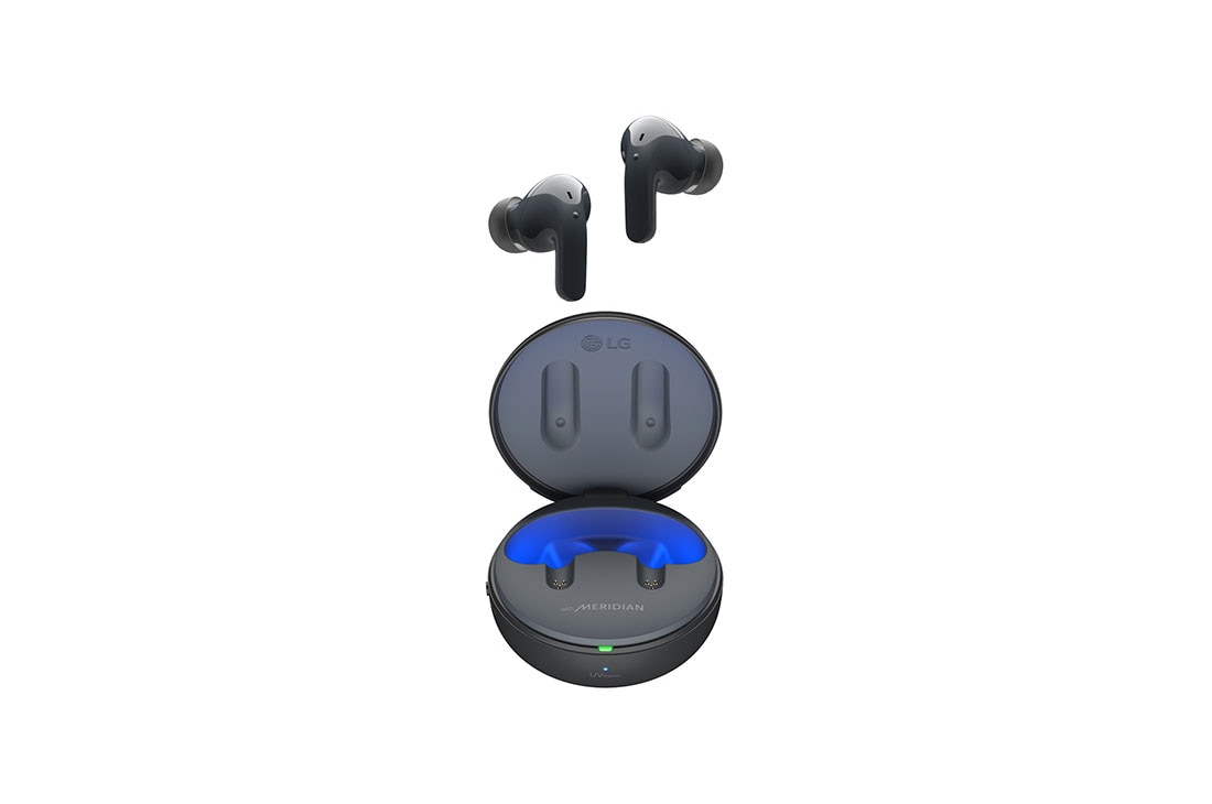LG TONE Free T90, Les écouteurs flottent dans les airs, au-dessus du boîtier ouvert, avec la lumière allumée., TONE-DT90Q, thumbnail 13