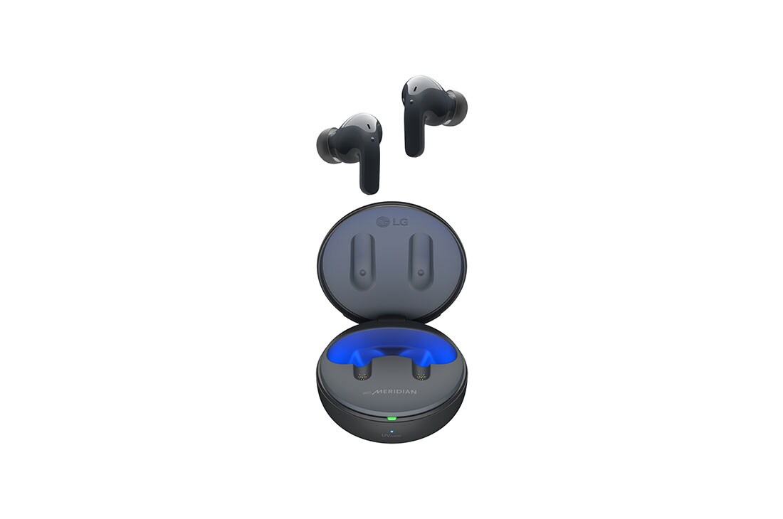 LG TONE Free T60, Les écouteurs flottent dans les airs, au-dessus du boîtier ouvert, avec la lumière allumée., TONE-DT60Q, thumbnail 13