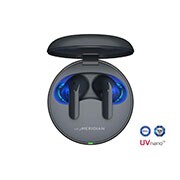 LG TONE Free T60, Le couvercle du boîtier est ouvert et montre de la lumière sortant de l’intérieur des écouteurs. Le logo UVnano est visible du dessus., TONE-DT60Q, thumbnail 1