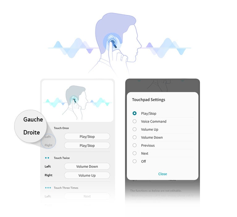 Illustration de la vue latérale d’un homme touchant les écouteurs placés dans son oreille. Les écrans de l’interface utilisateur de l’application montrent que les gens peuvent ajuster le réglage du pavé tactile pour les écouteurs gauche et droite.