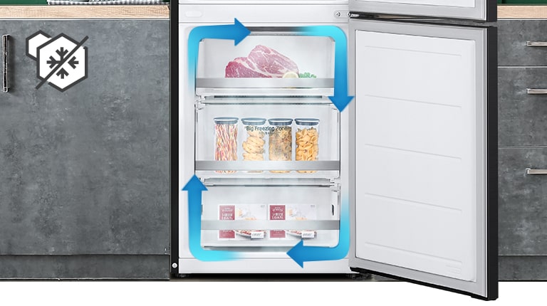 Congélateur sans givre avec refroidissement uniforme et circulation d'air froid pour garder les aliments frais dans tout le réfrigérateur.