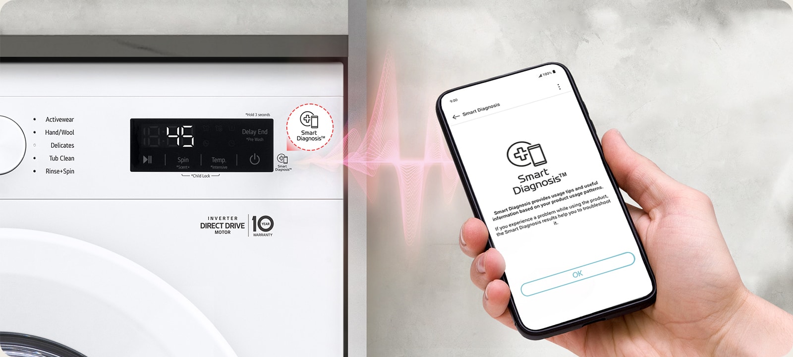 Smart Diagnostics™ vous permet de vérifier à partir de votre téléphone les problèmes liés à votre machine à laver