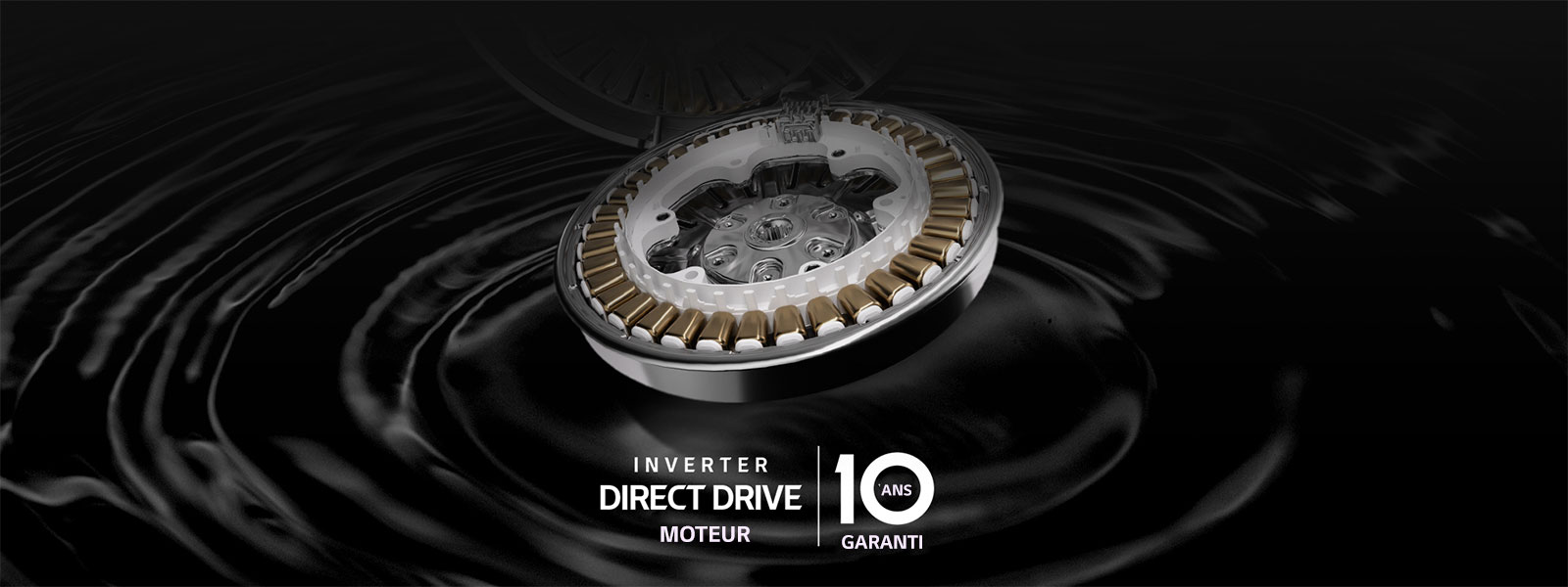 Un moteur et un logo de machine à laver sont affichés sur un fond noir ondulé