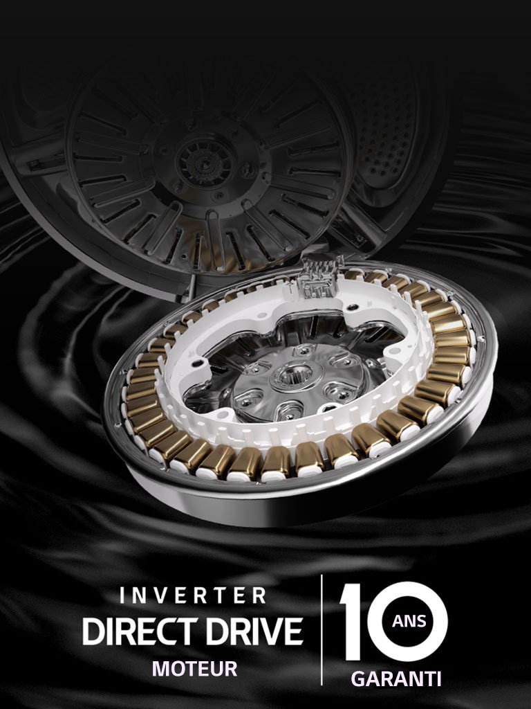 Un moteur et un logo de machine à laver sont affichés sur un fond noir ondulé