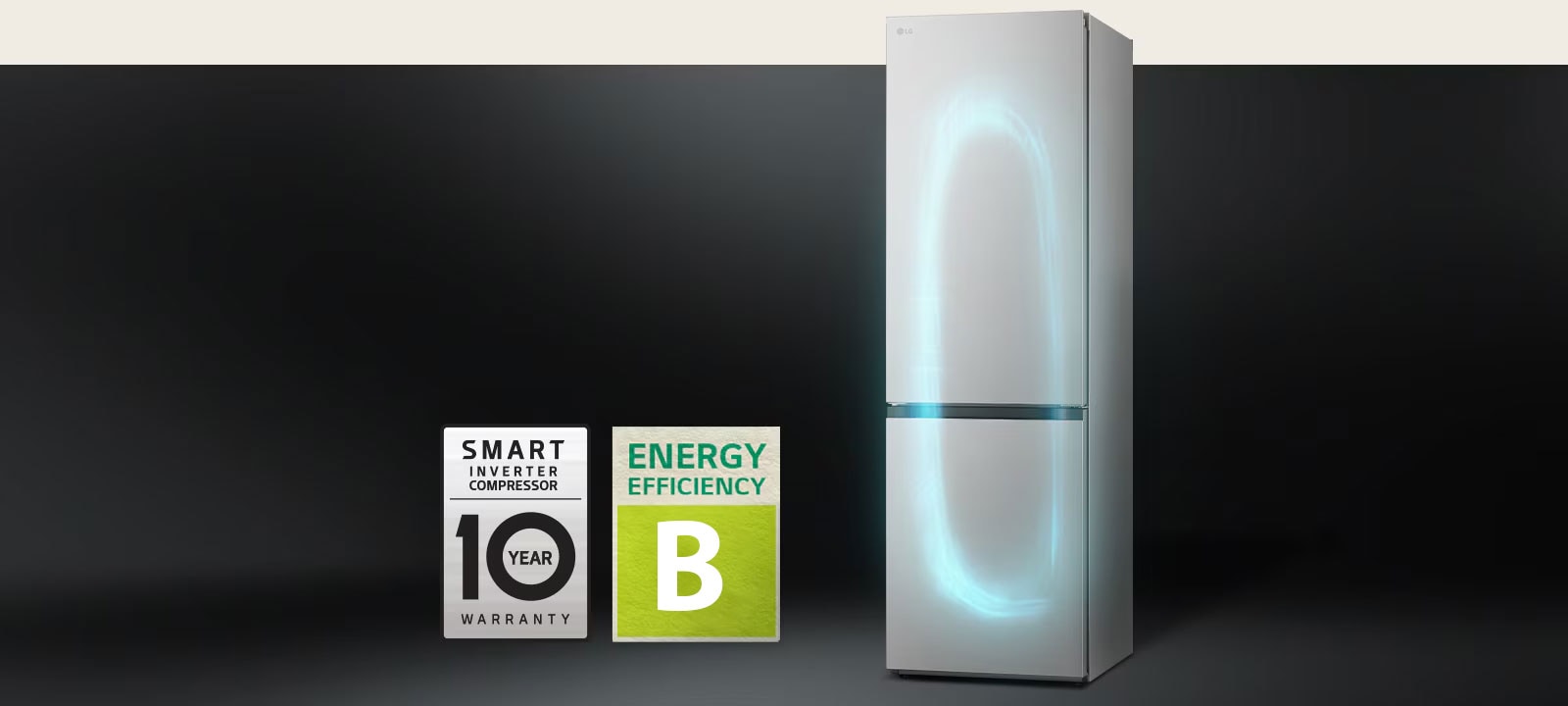 Réfrigérateur avec système de refroidissement efficace équipé d’un Smart Inverter Compressor et avec une étiquette de garantie de 10 ans sur le compresseur.	