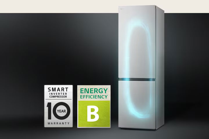 Réfrigérateur avec système de refroidissement efficace équipé d’un Smart Inverter Compressor et avec une étiquette de garantie de 10 ans sur le compresseur.	