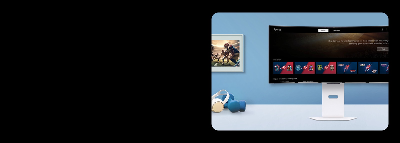 L’écran du moniteur intelligent placé sur une table affiche l’écran de l’APPLI SPORT.