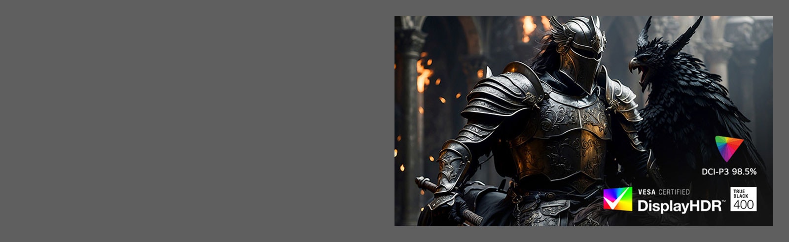 Un chevalier portant une armure noire avec un oiseau dans un hall médiéval, pour démontrer DCI-P3 98.5% et DisplayHDR 400.