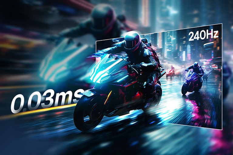 Scène d’un jeu de course avec un temps de réponse extrêmement rapide de 0.03ms (GtG) et un taux de rafraîchissement de 240Hz.