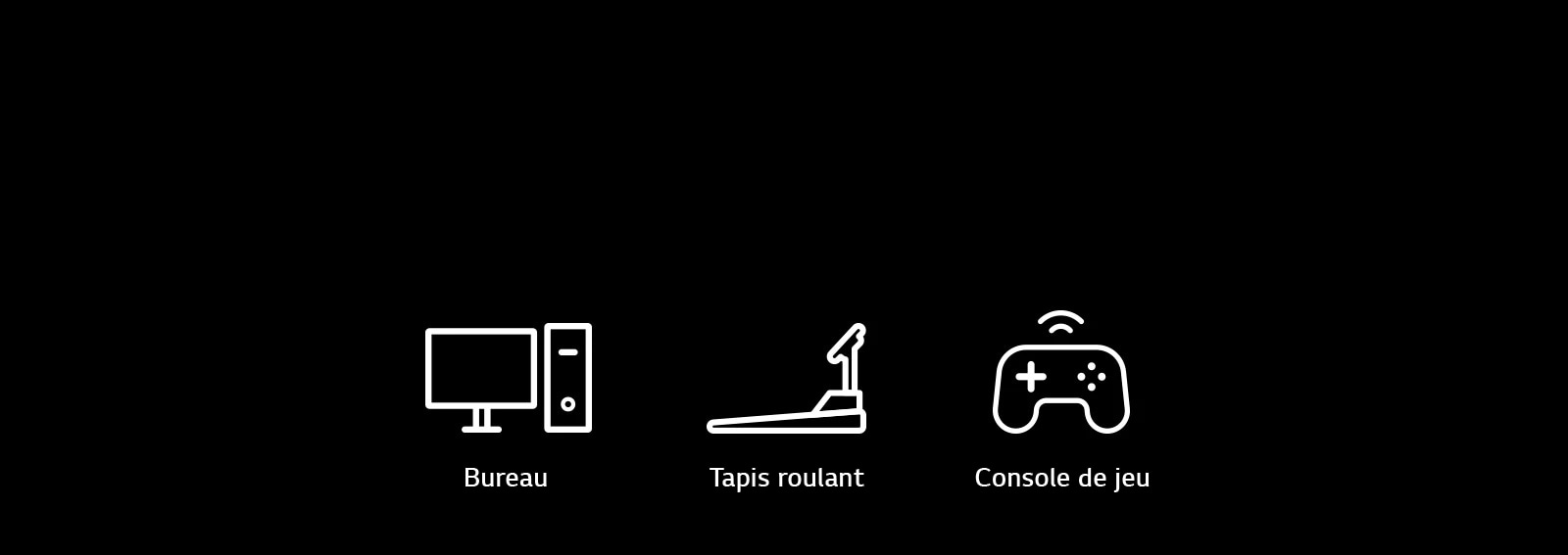 Images de pictogrammes d’ordinateurs de bureau, de tapis roulants et de consoles de jeux, qui sont des appareils représentatifs pouvant être mis en œuvre avec des fonctions Plug & Wireless.