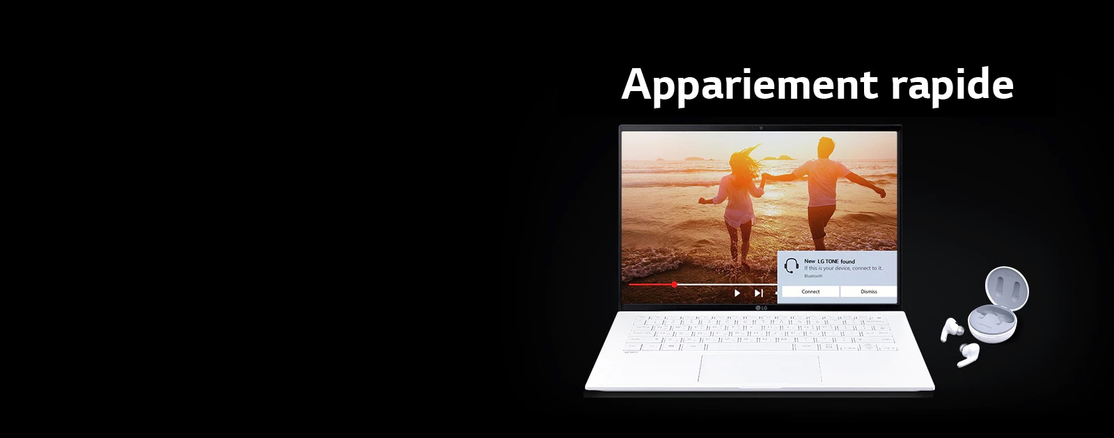 Une image d’un ordinateur portable et de TONE Free placée sous la phrase « Appariement rapide », et une alerte d’appariement activée sur l’écran ouvert de l’ordinateur portable.