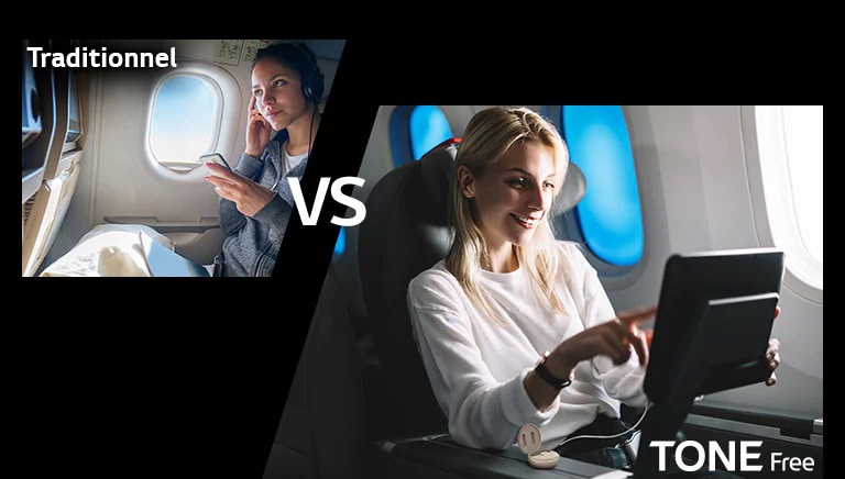 Cette scène montre la commodité de la fonction en comparant la fonction de connexion sans fil de TONE Free avec la fonction traditionnelle. Cette scène montre une image comparative de l’appréciation du divertissement de vol avec le Traditionnel et le TONE Free, en portant un casque avec des fils attachés, et le TONE Free a couplé les écouteurs en connectant les fils auxiliaires du berceau à l’écran de divertissement de vol. 