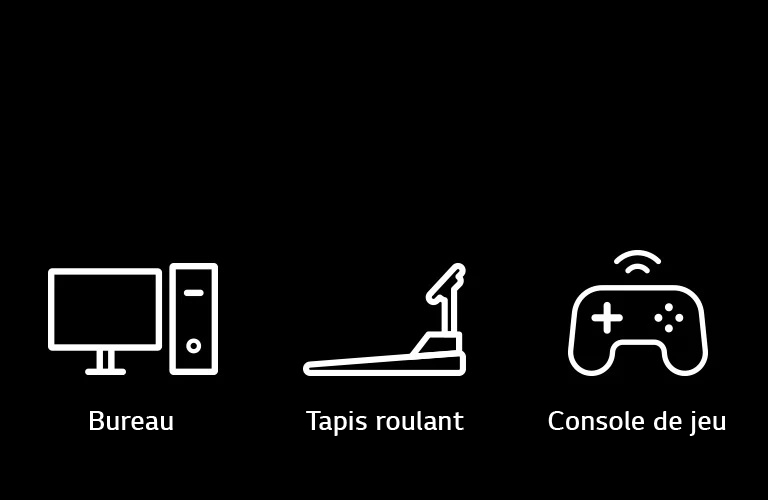 Images de pictogrammes d’ordinateurs de bureau, de tapis roulants et de consoles de jeux, qui sont des appareils représentatifs pouvant être mis en œuvre avec des fonctions Plug & Wireless.